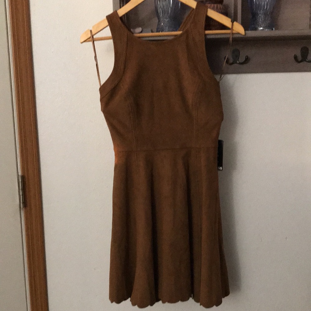 Express Dress faux brown suede, crisscross straps with zipper, Xsmall